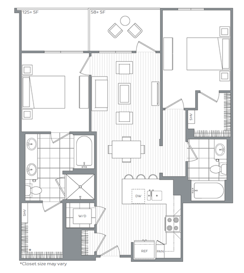 Floor plan for 2 beds, 2 baths, 1028 sqft